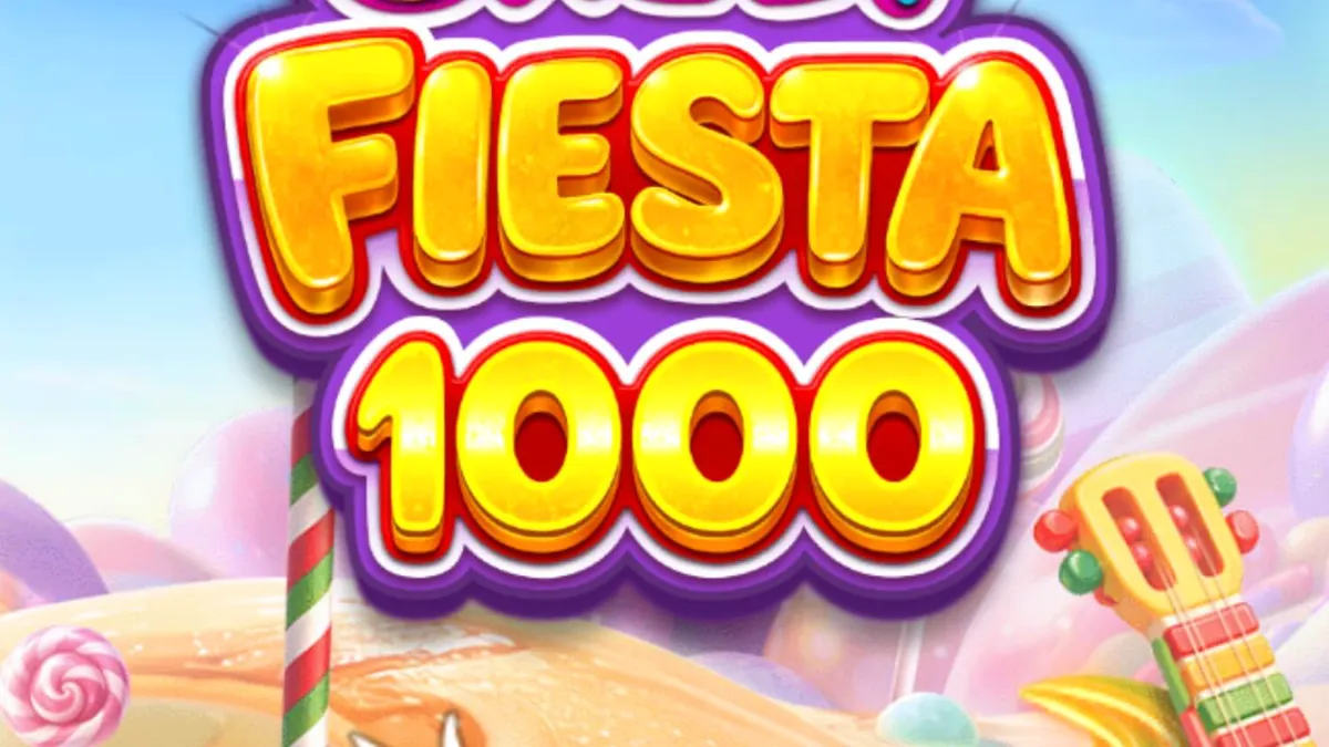 Makulay na disenyo ng Sweet Fiesta 1000 slot na may temang Mexican carnival at mga kendi.